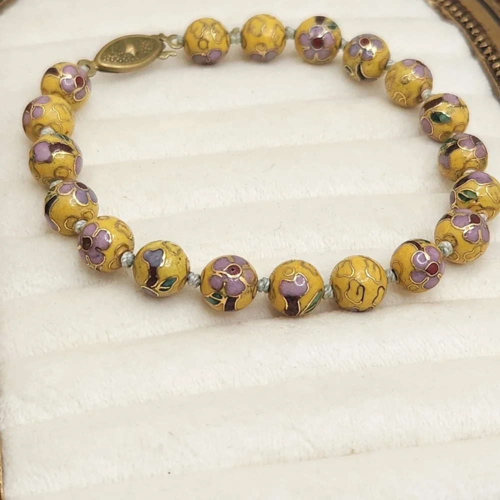 Vintage Chinese Cloisonne Bead Bracelet Yellow‎ Enamel Purple Floral 7 Inch Boho